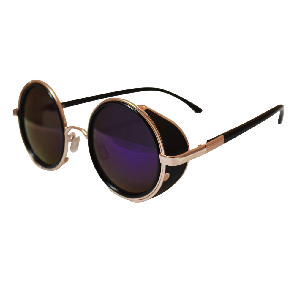 Steampunk Sunglasses: Gold w/ Blue Semi-Mirrored Lenses, Side Shields